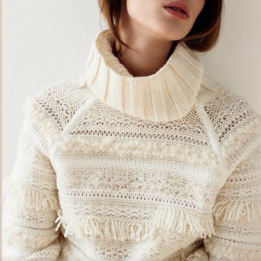 New Club Monaco wool mix multi textured turtleneck Ivory sweater Small handmade